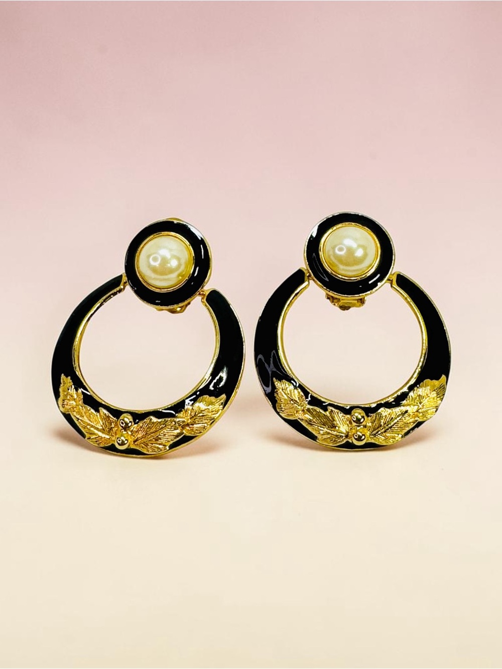 Vintage Name Brand Gold & Black Hoop Drop Earrings with Pearl Accent
